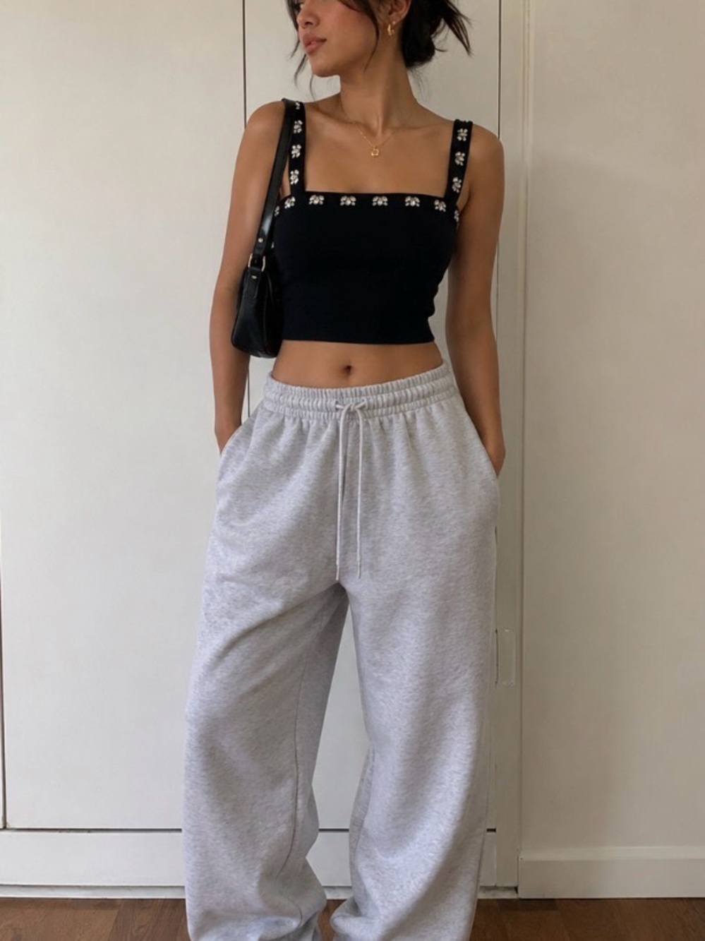 Saylor Cropped Tank Top medium Black Knit embellished Y2K